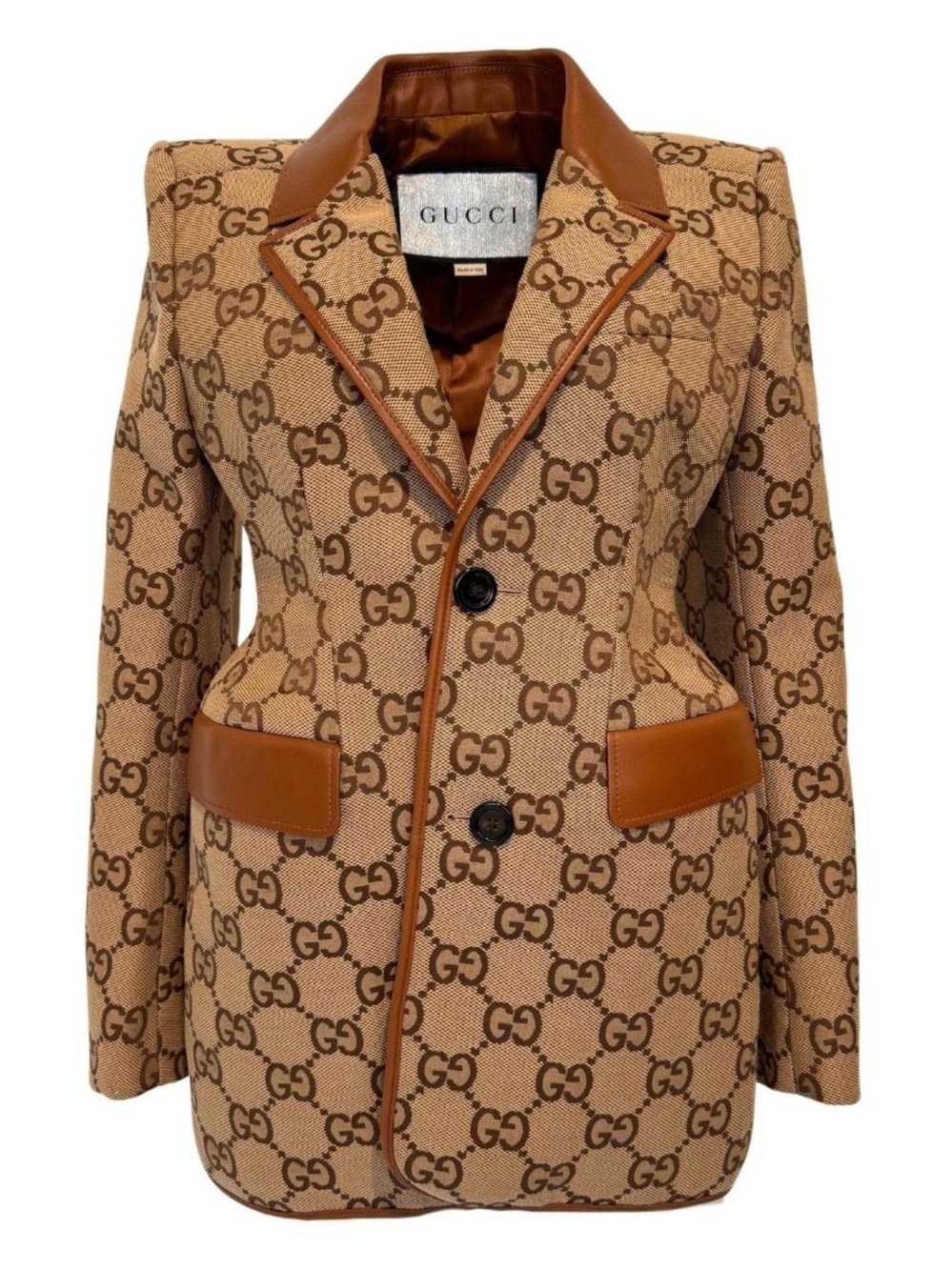 Gucci Tan GG Monogram Blazer with Brown Leather Trim